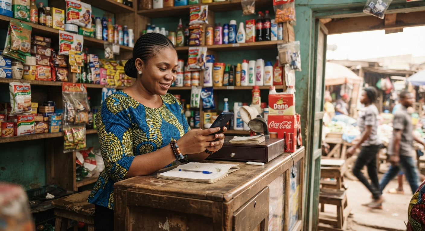 Nigerian shop owner checking phone behind counter
