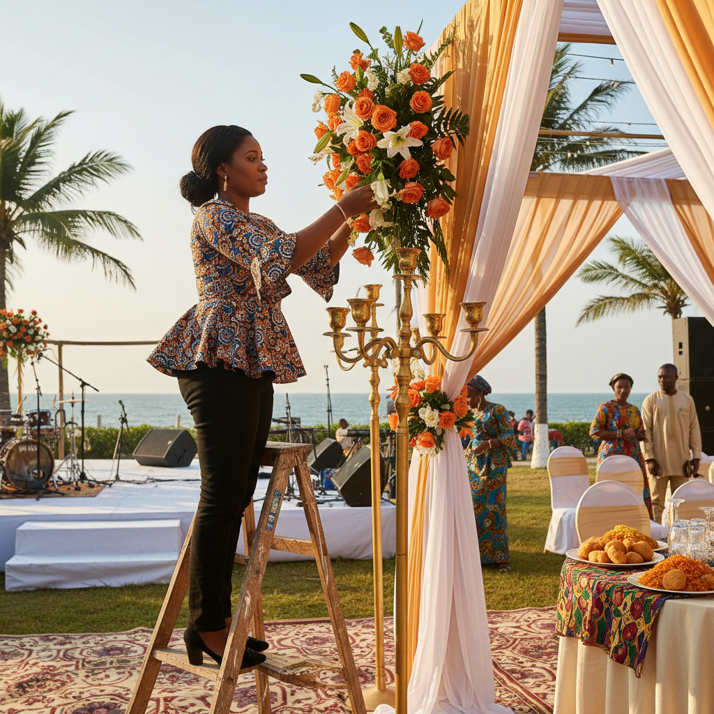 A Nigerian decorator carefully arranging a floral centerpiece for an event.