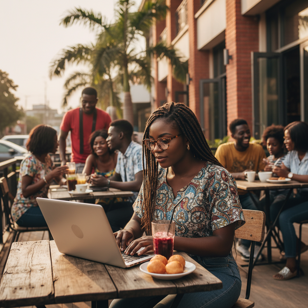 A young Nigerian freelancer working on a laptop at a coffee shop in Lagos, considering how to receive international payments.