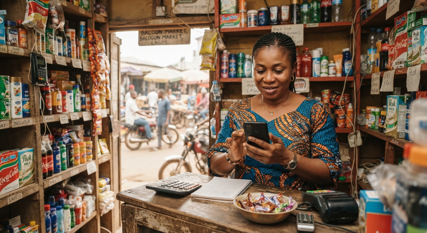 Nigerian shop owner checking phone behind counter