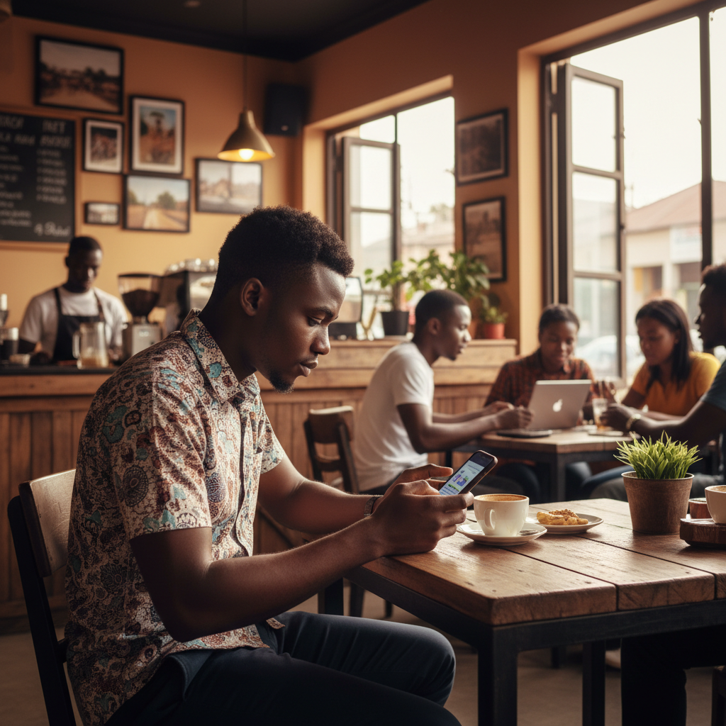 A young Nigerian man looking at his phone with a concerned expression, representing checking a credit score.