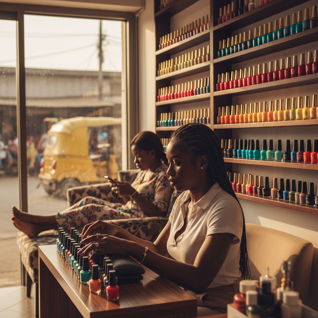 A collection of colorful nail polish bottles neatly arranged on a shelf in a Nigerian nail salon.