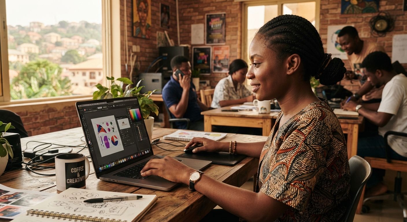 Graphic designer working on a laptop in Enugu studio