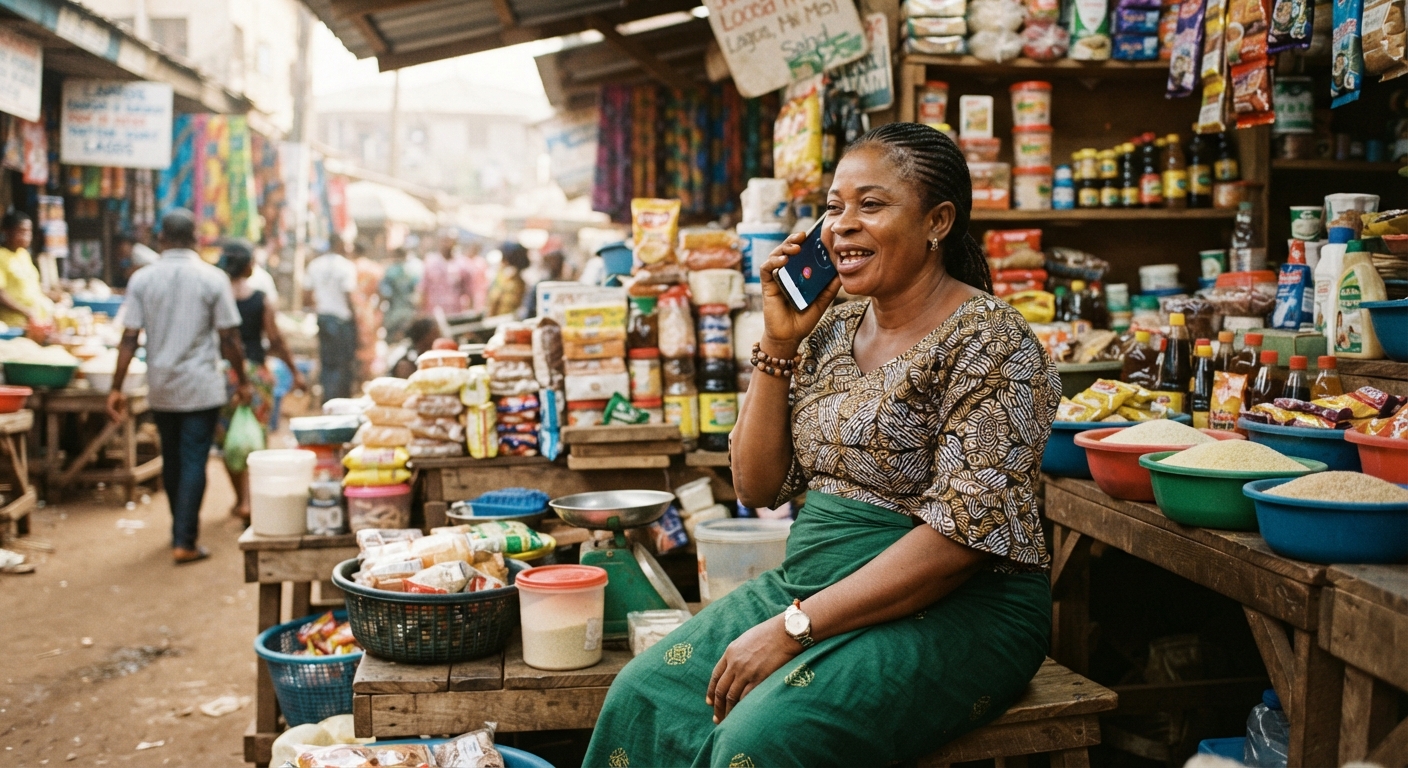Nigerian trader using a mobile phone at their stall