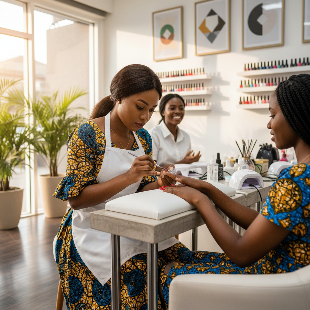 A skilled Nigerian nail technician carefully applying an acrylic bead to a client's nail.