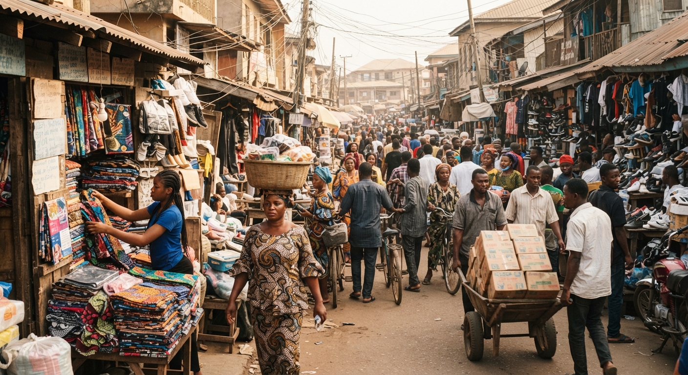 A vibrant street scene in Ariaria International Market, Aba, showing commercial activity.