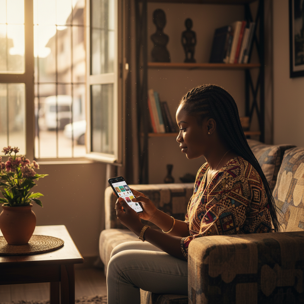 A young Nigerian woman sitting on her couch and using the TrustAm app on her phone to book a service.