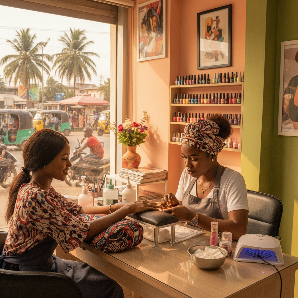 A skilled Nigerian nail technician carefully applying acrylics for a client.