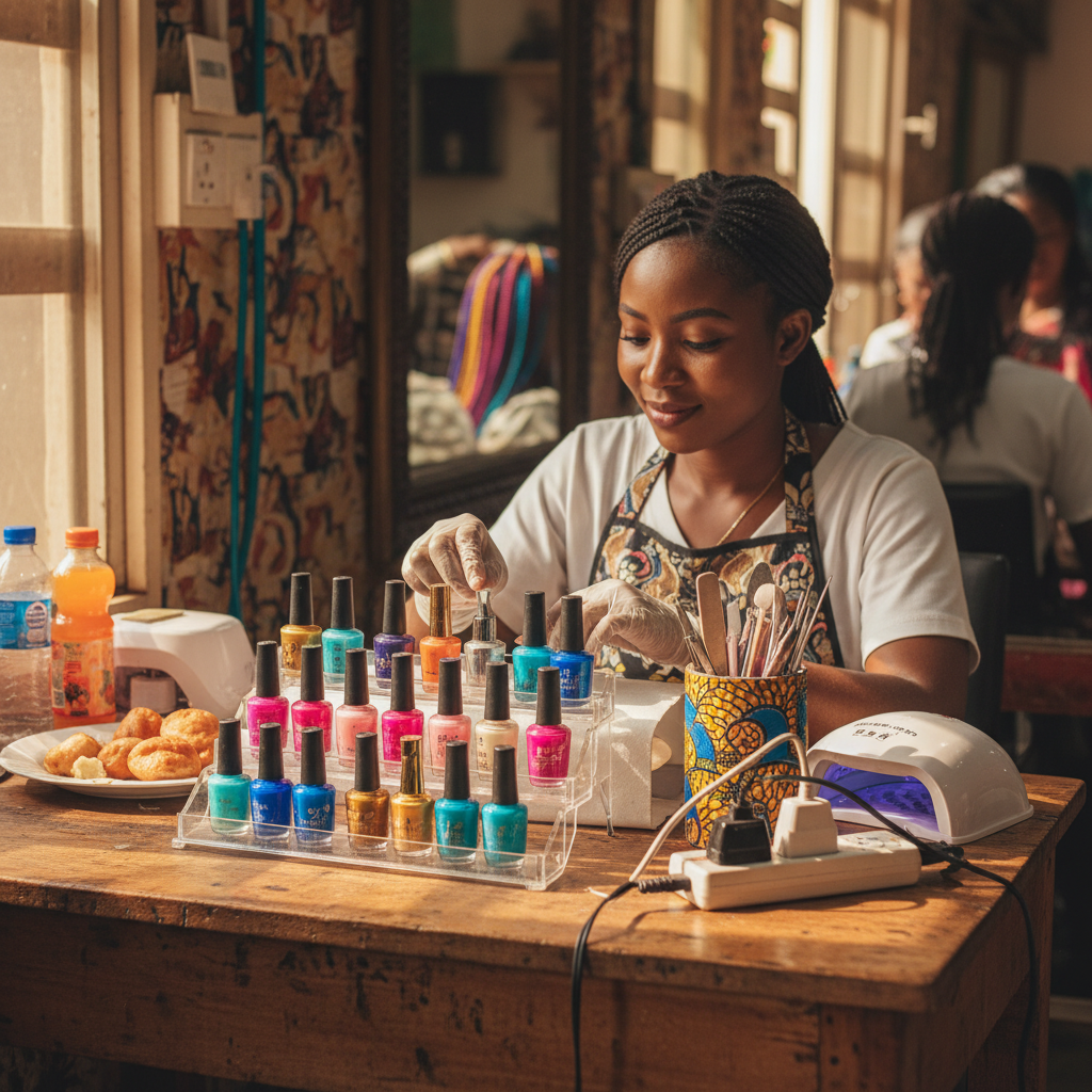 A neat layout of a nail technician's professional kit, including various gel polishes and tools.
