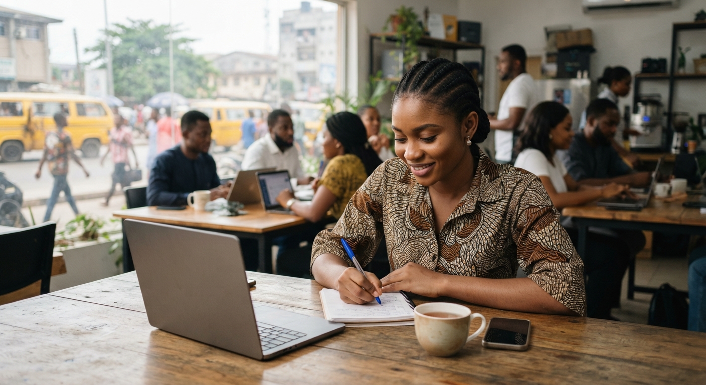Young Nigerian professional writing a service brief with a laptop on the table
