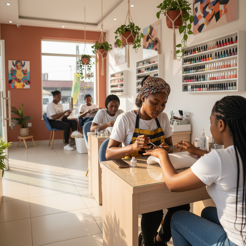 A skilled nail technician carefully applying acrylic powder to a client's fingernail.