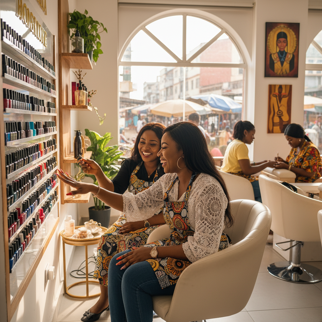 A young Nigerian woman selecting a gel polish color from a palette in a modern nail salon.
