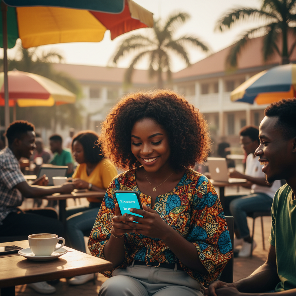 A young woman in Lagos booking a nail technician on the TrustAm app, smiling with satisfaction.