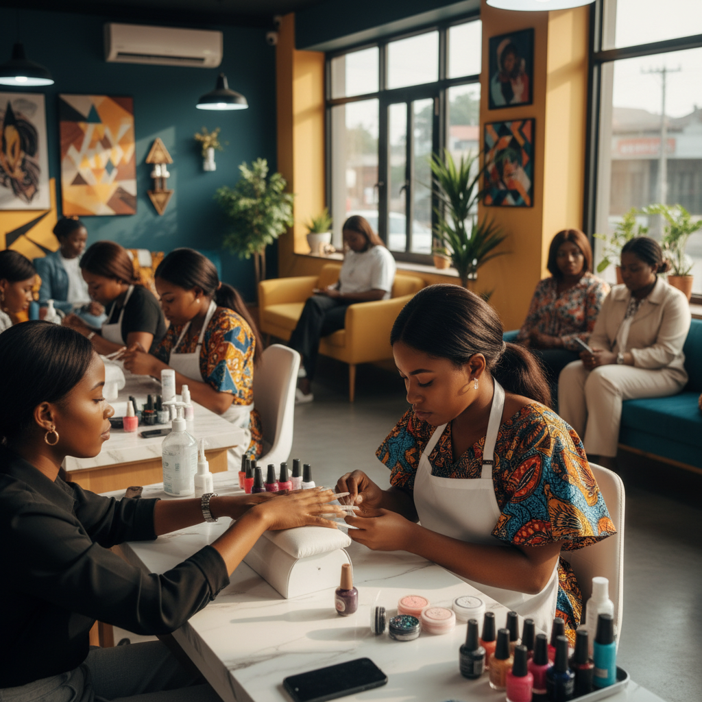 A skilled nail technician carefully applying acrylic to a client's nails in a neat salon in Lagos.