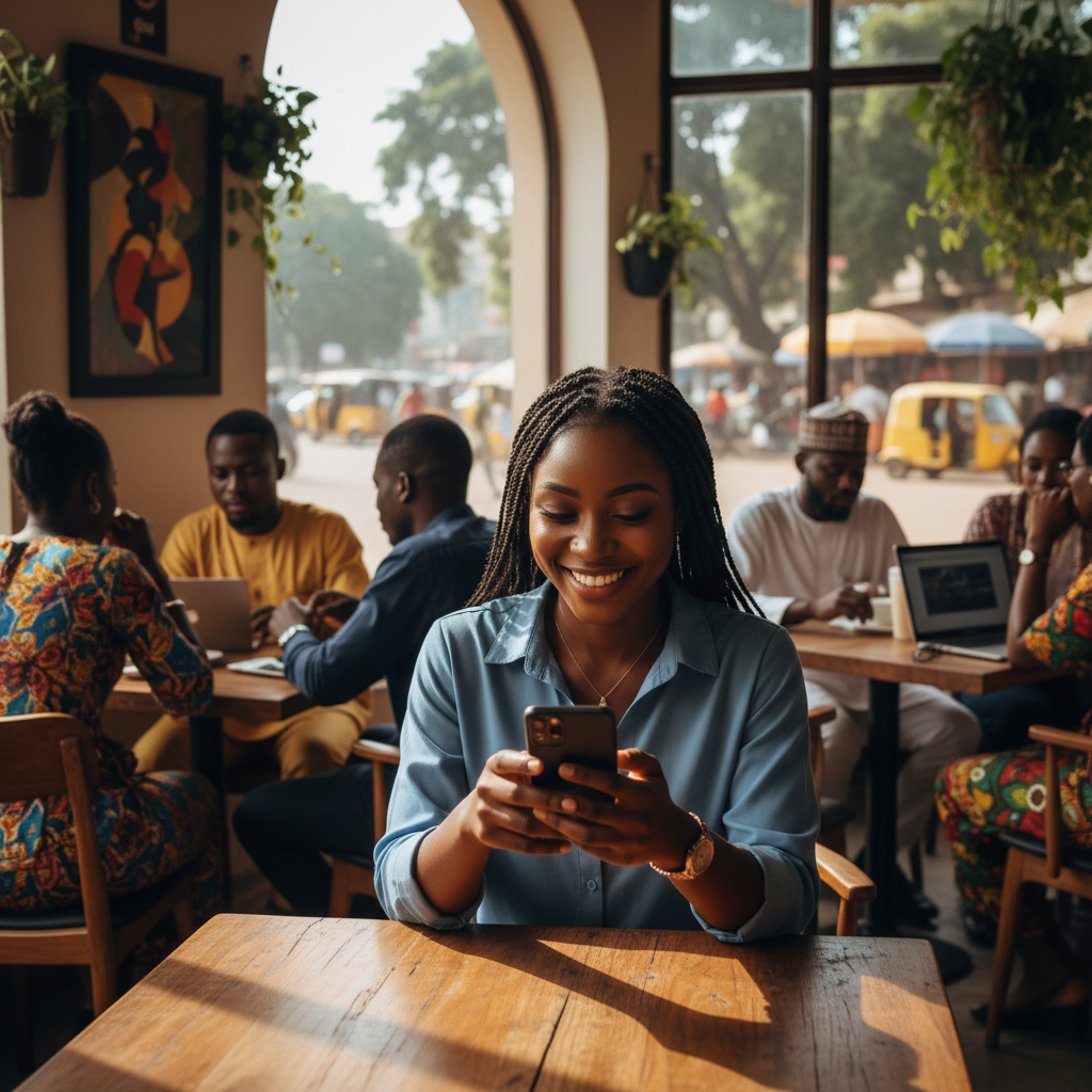 A young Nigerian woman books a service on her smartphone using the TrustAm app.