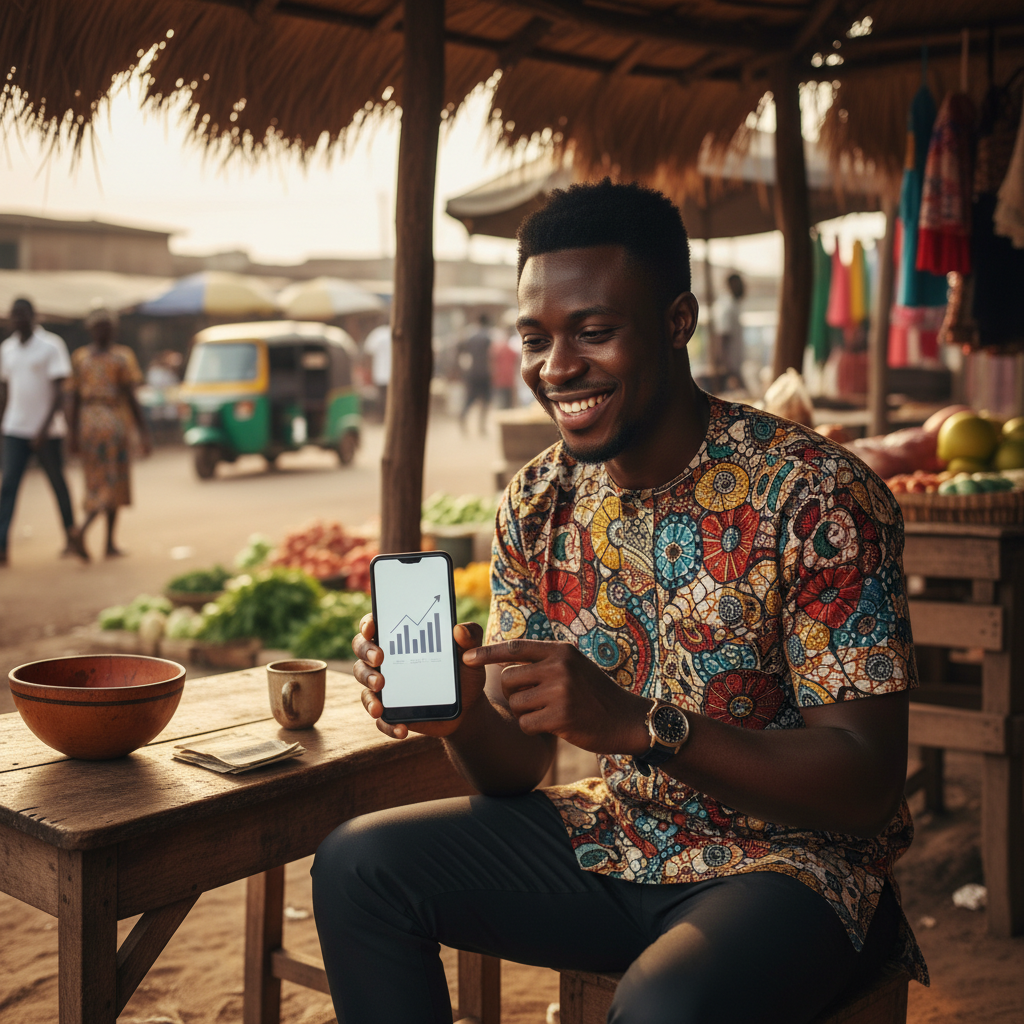 A Nigerian fumigator looking pleased as he checks his payment received confirmation on the TrustAm app.
