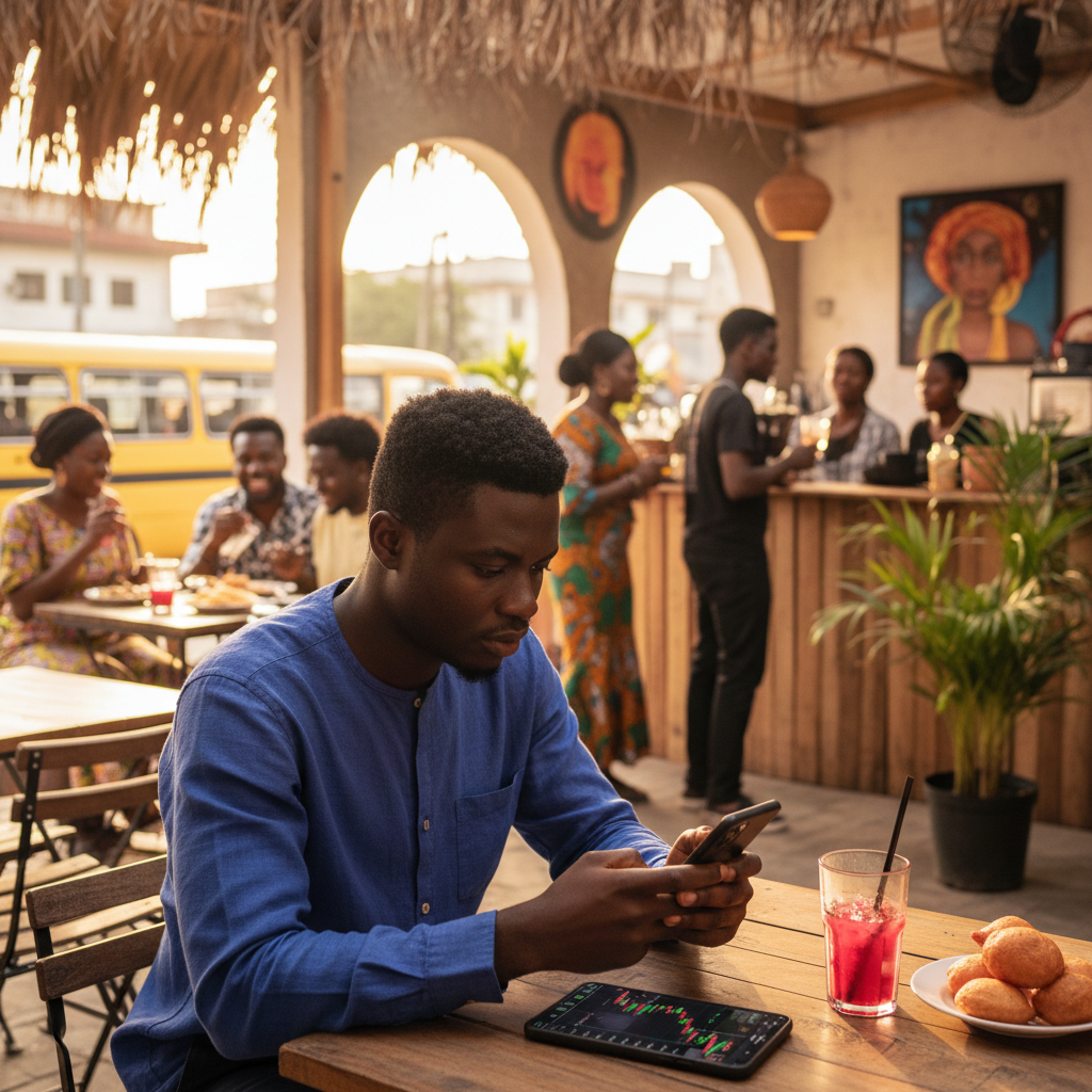 A young Nigerian man in Lagos analyzing his investment portfolio on a smartphone.