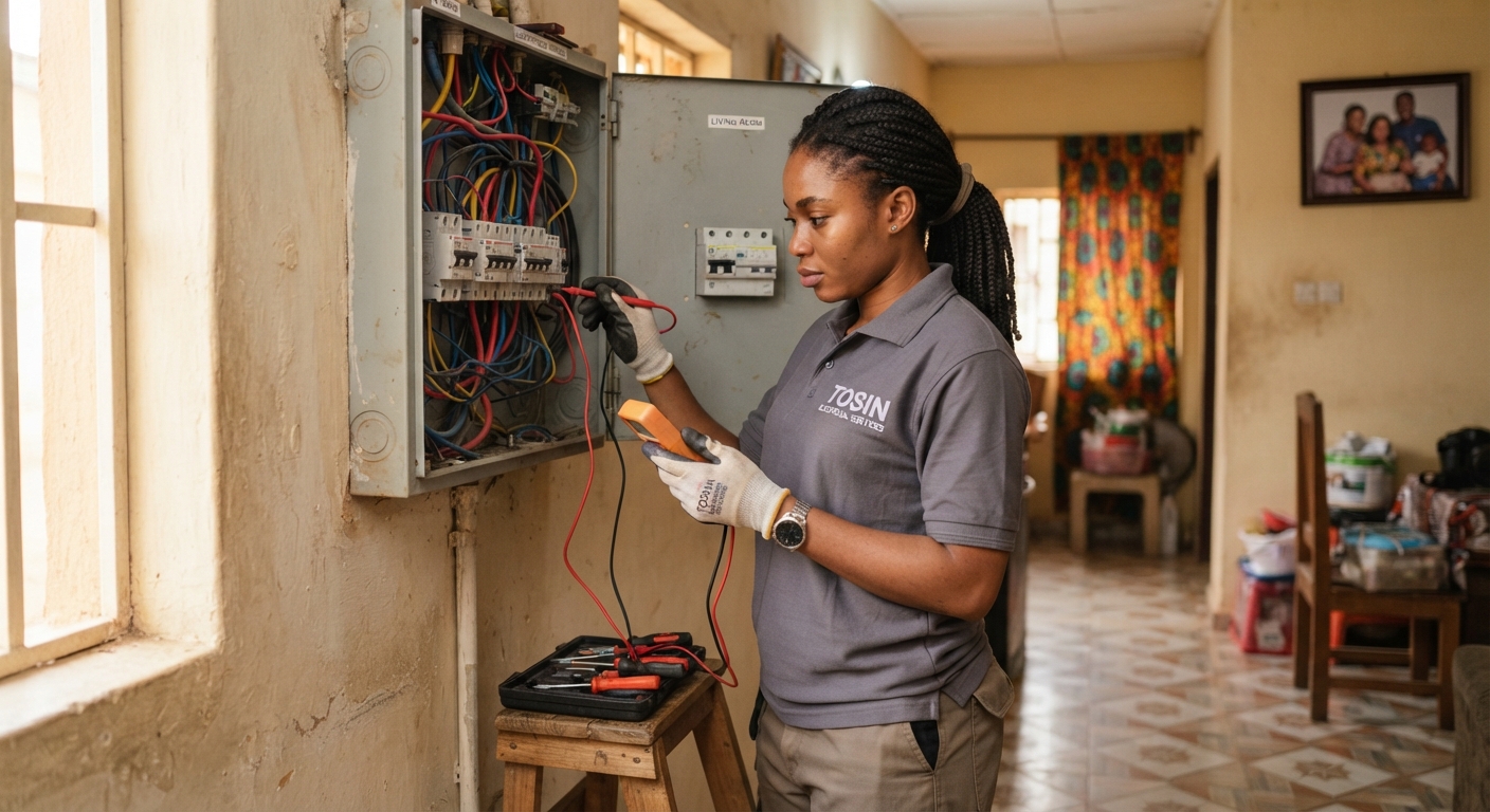 Young Nigerian woman carefully checking an electrical panel in her home