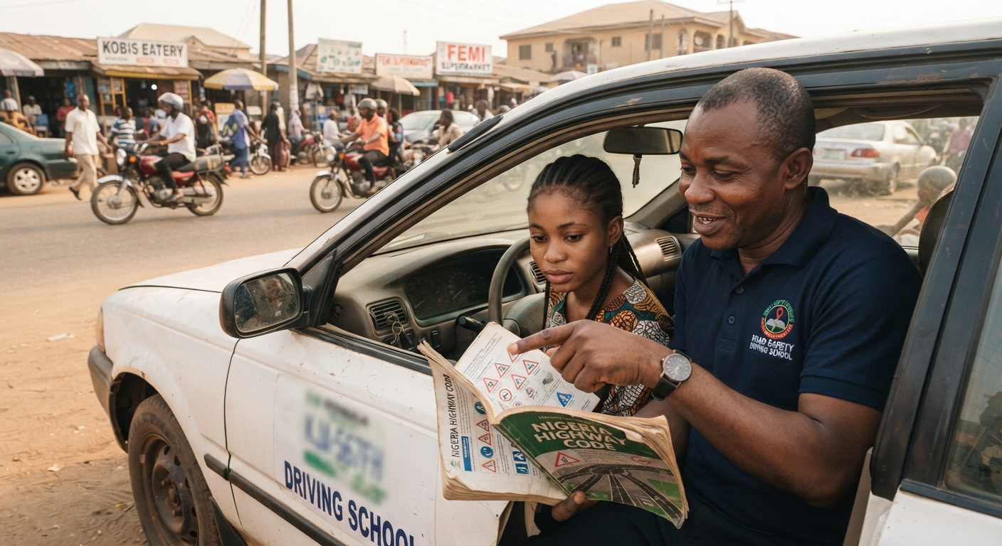 Driving instructor explaining traffic rules book to student