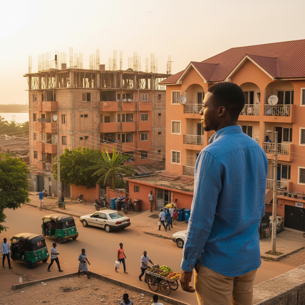 A young professional looking up at apartment buildings in Port Harcourt, considering rent costs.