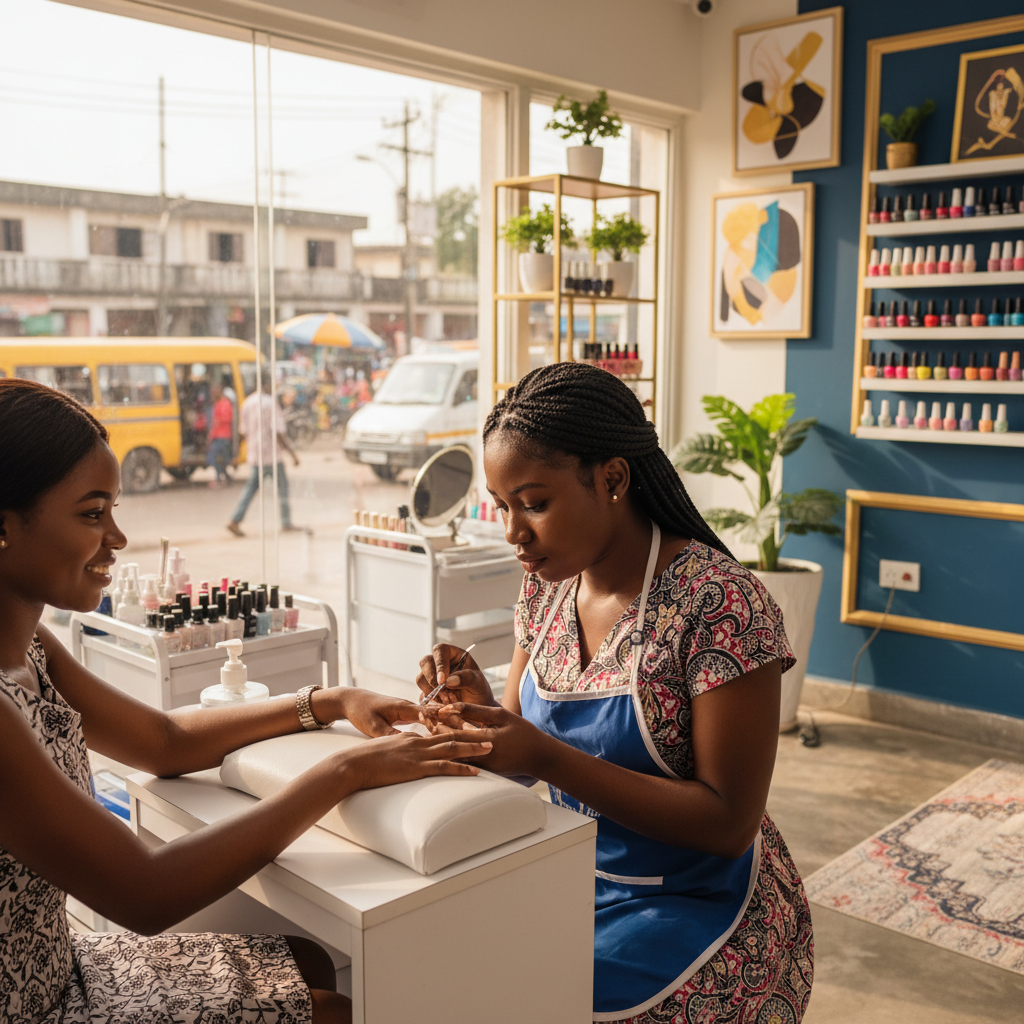 A skilled nail technician carefully applying acrylic to a client's nails in a bright Lagos salon.
