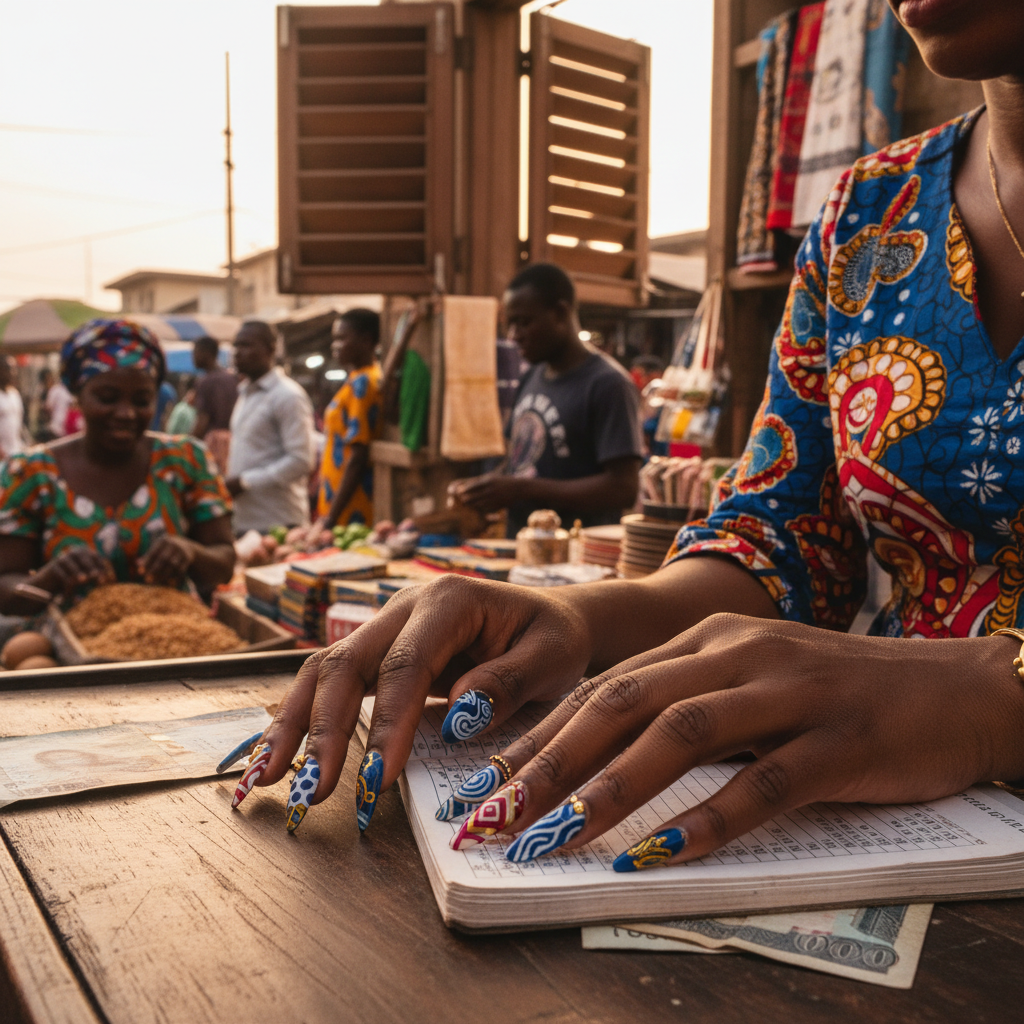 A detailed close-up shot of long, beautifully designed acrylic nails with small gems on a Nigerian woman's hand.
