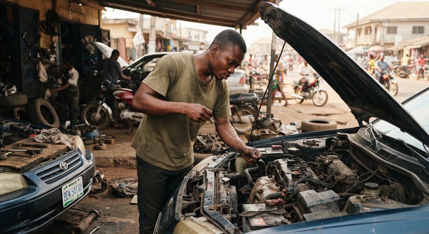 Young Nigerian man inspecting a car engine with a concerned expression in Benin City