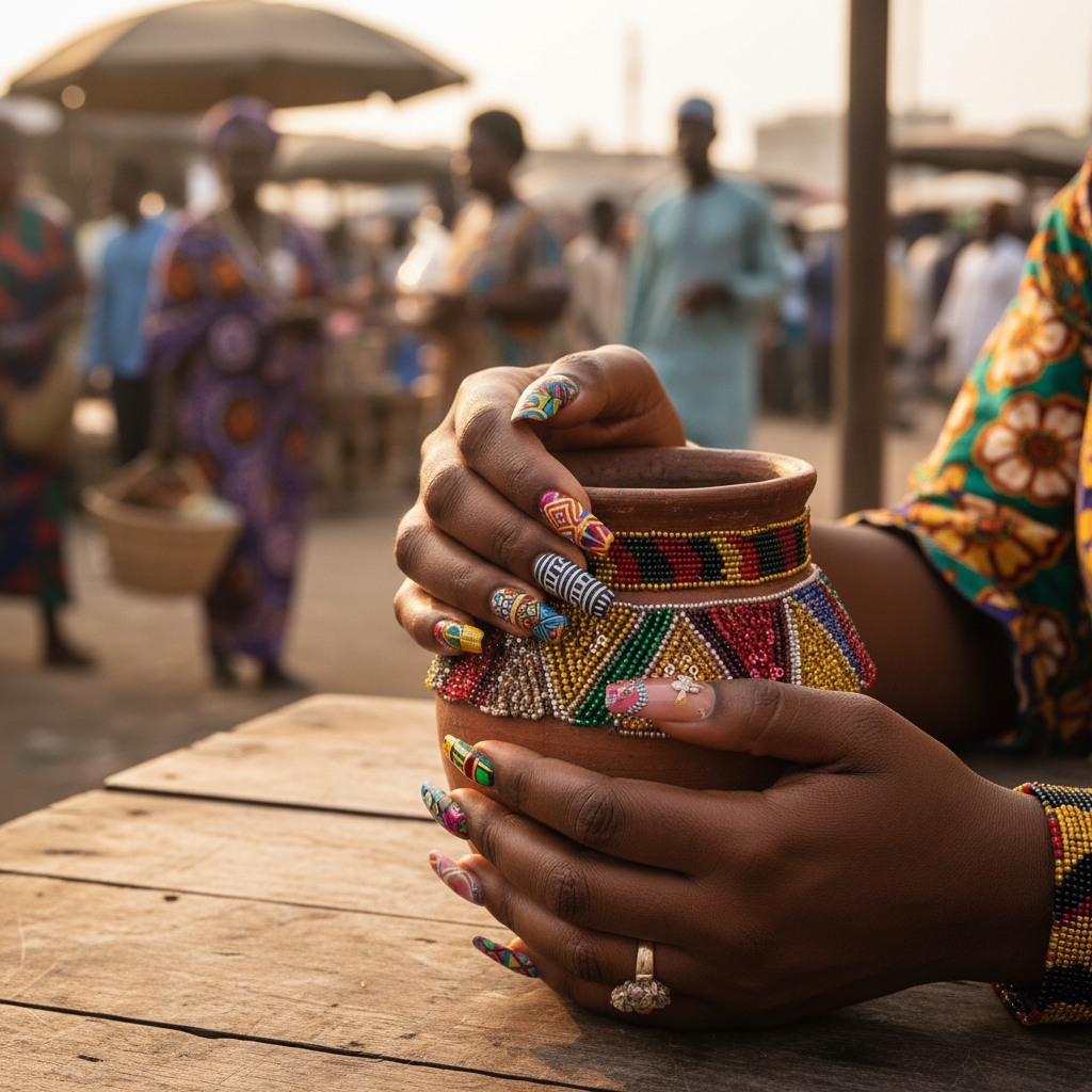 A detailed view of a beautiful and intricate nail art design on a woman's hands in Lagos.