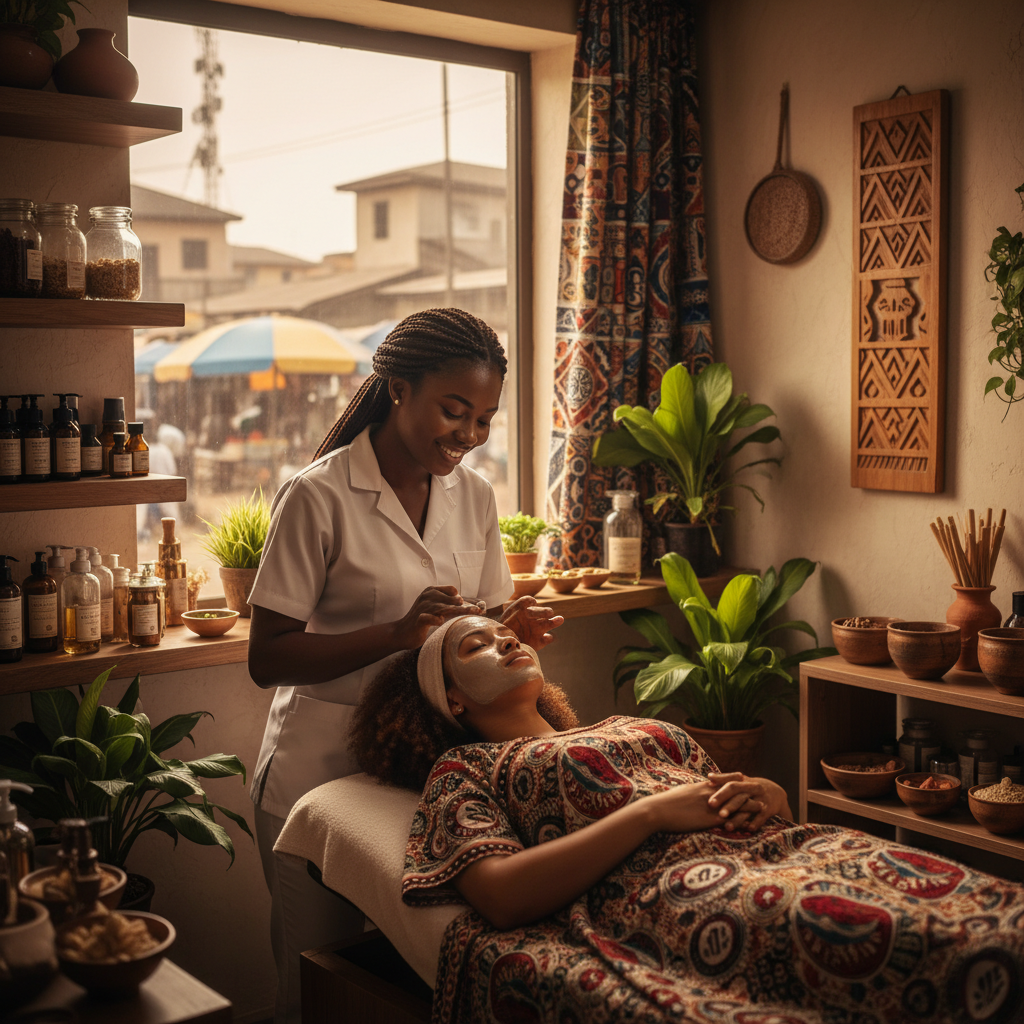 A client receiving a relaxing skincare facial from a professional esthetician in Onitsha.