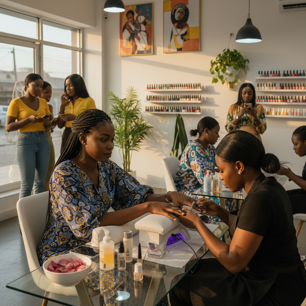 A Nigerian woman getting her nails done by a professional technician in a bright, clean salon in Lagos.