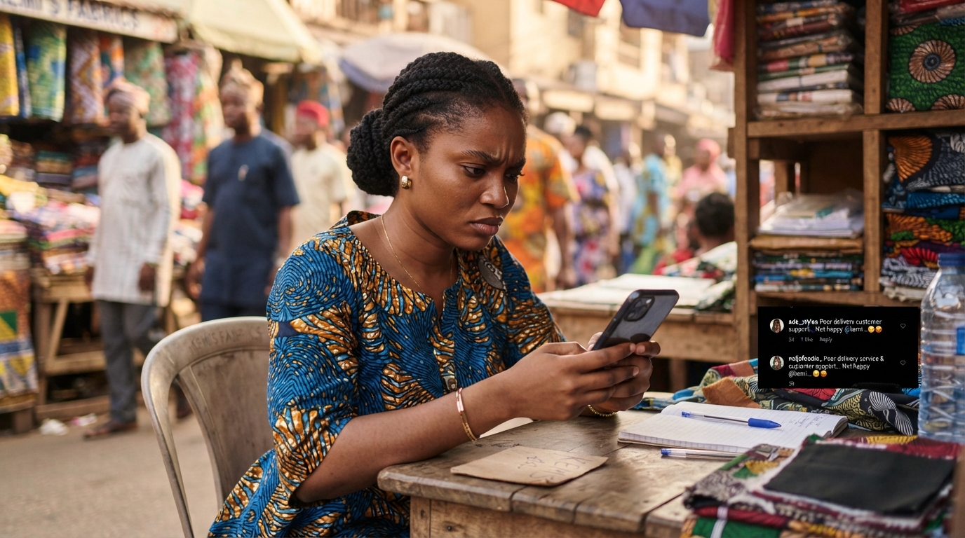 Young Nigerian woman scrutinizing online reviews on a mobile phone