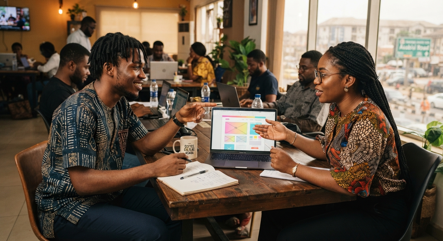 Young Nigerian entrepreneur discussing website design with a developer in Asaba