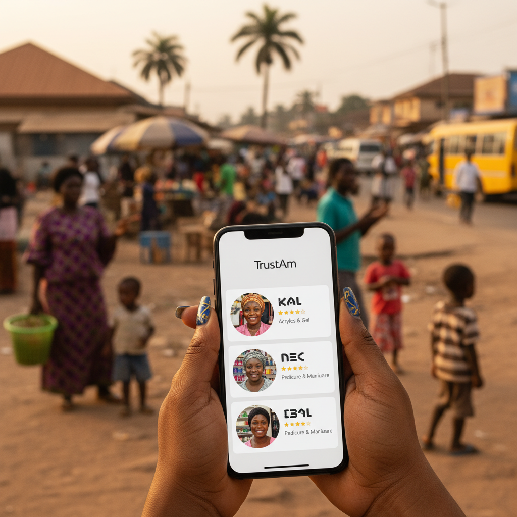 A woman browsing and selecting a nail technician on the TrustAm mobile app marketplace.