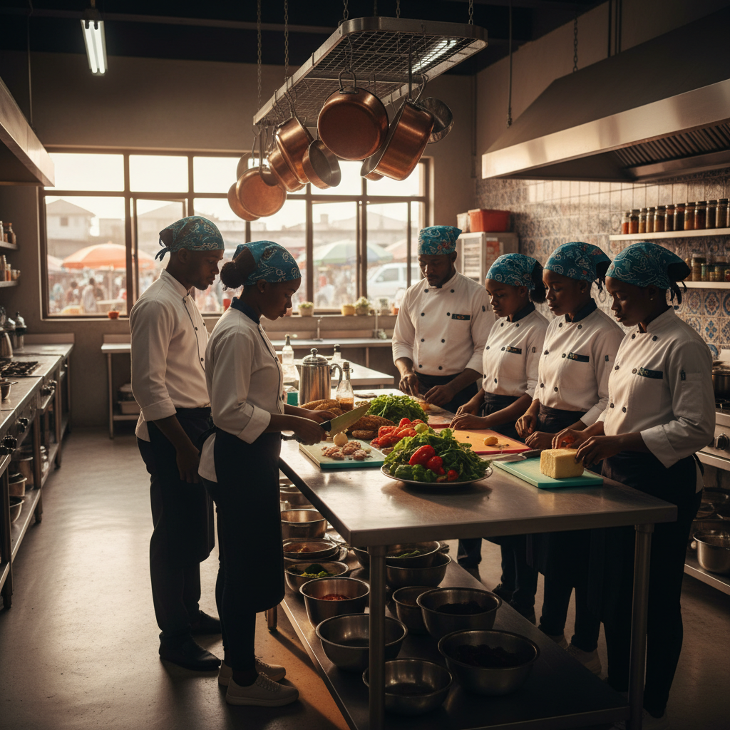 A group of culinary students in Nigeria learning proper knife techniques from a chef instructor.