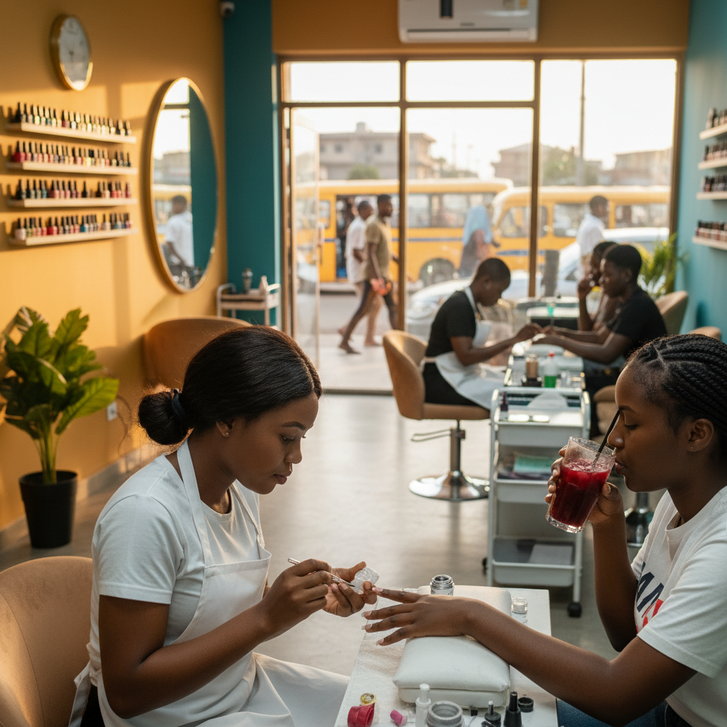 A professional nail technician carefully applying acrylic powder to a client's nails in a well-lit salon in Lagos.