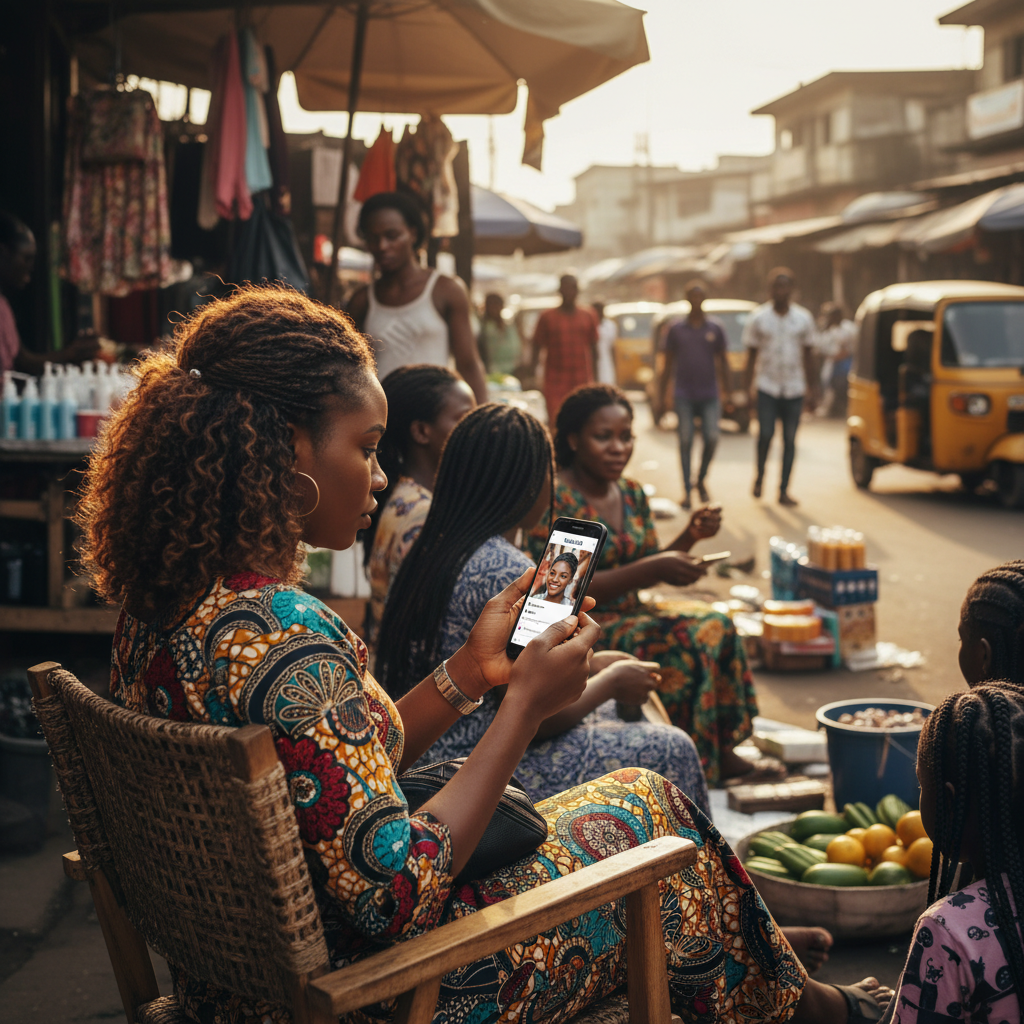 A young Nigerian woman browsing hair braider profiles on the TrustAm app.