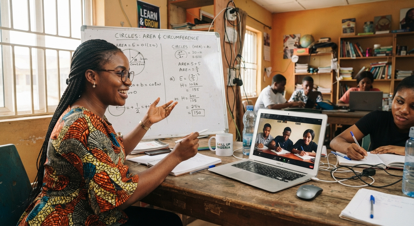 A Nigerian tutor gestures towards a whiteboard while explaining a math problem to students via a video call.