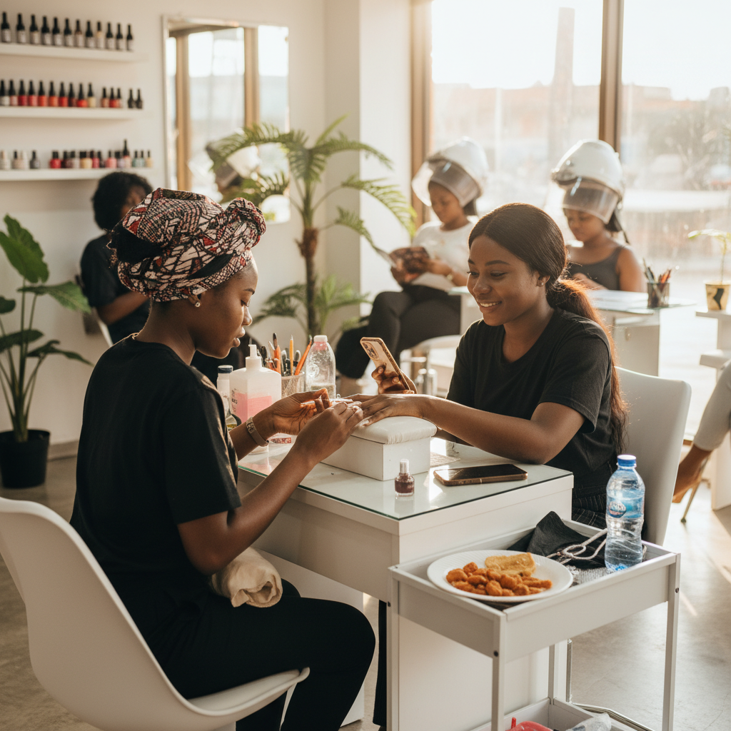 A skilled nail technician applying a fresh set of acrylic nails for a customer in Nigeria.