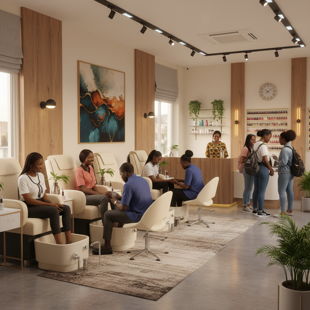 The clean and well-lit interior of a new nail salon in Ibadan.