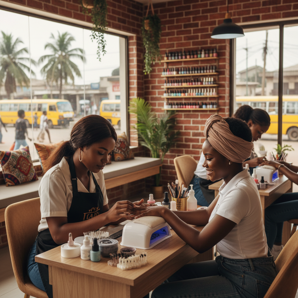 A skilled Nigerian nail technician carefully applying an acrylic bead to a client's nail.