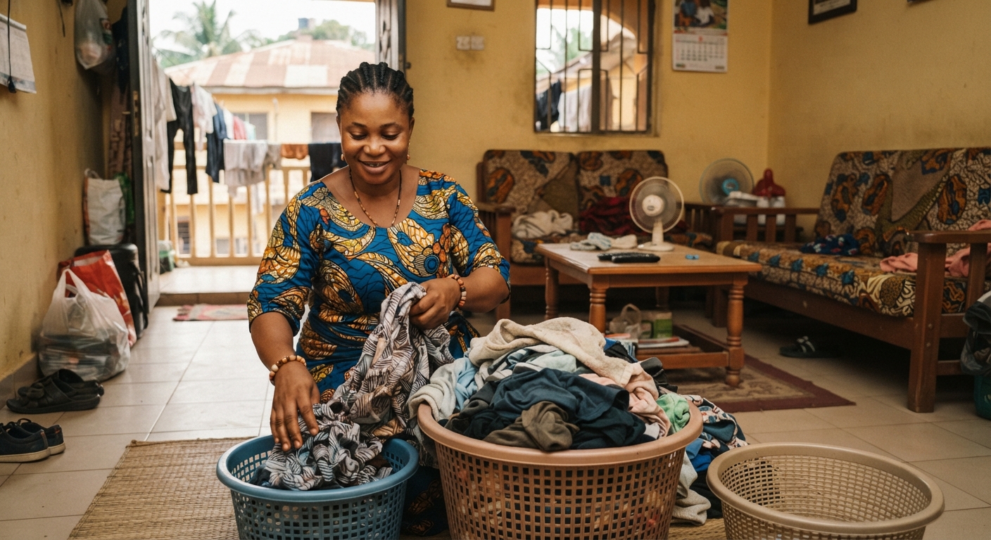 Woman sorting laundry in a basket at home in Ibadan