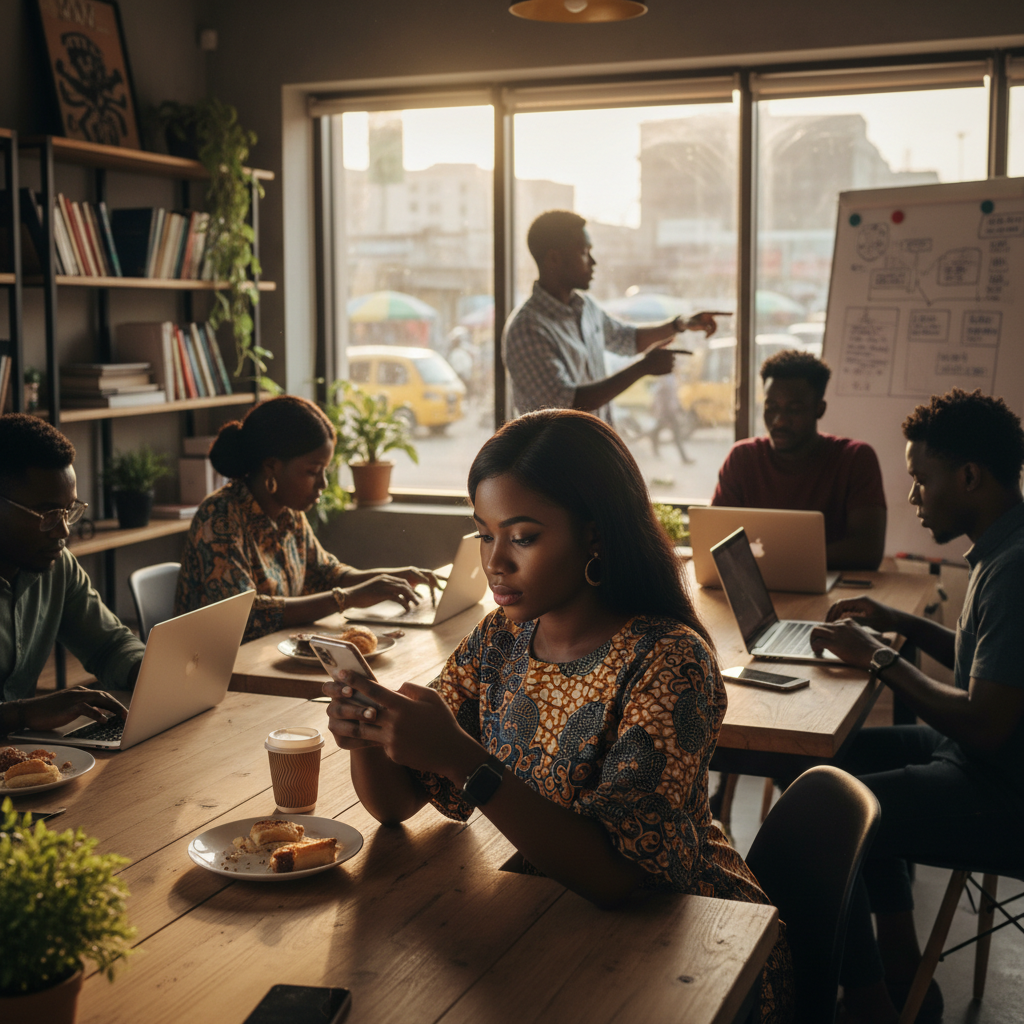 A young Nigerian nail technician sets up her business profile on the TrustAm app.