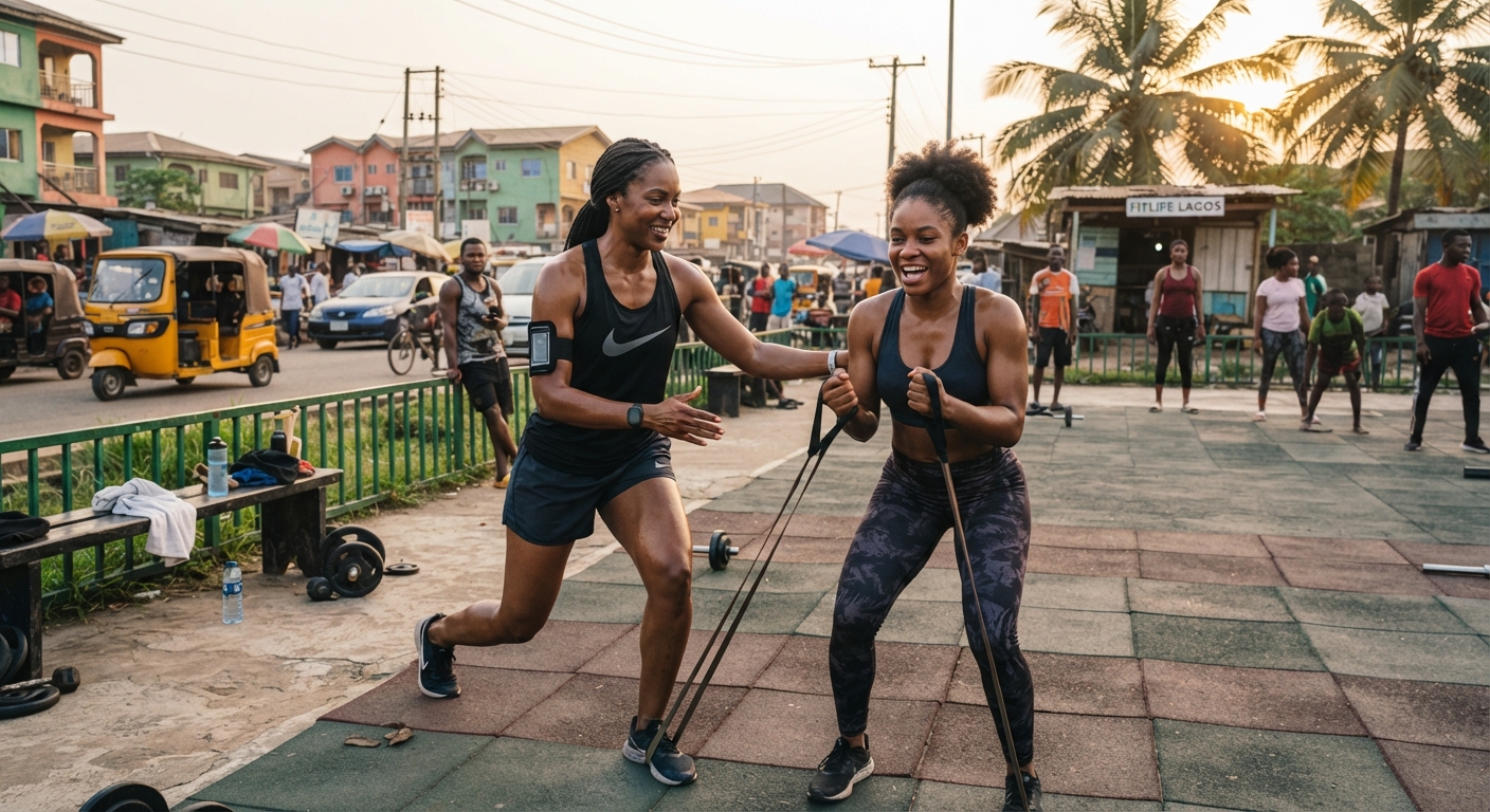 Fitness trainer guiding a client through an exercise in a Lagos gym