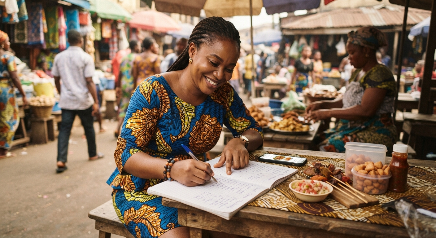 Nigerian woman planning small chops business menu