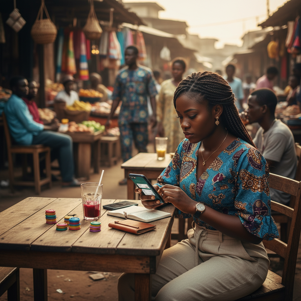 A young Nigerian nail technician checks her business earnings and bookings on her smartphone using the TrustAm app.