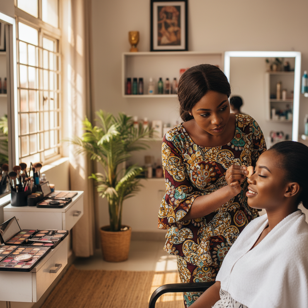 A makeup artist in Uyo applying makeup for a client for an event.