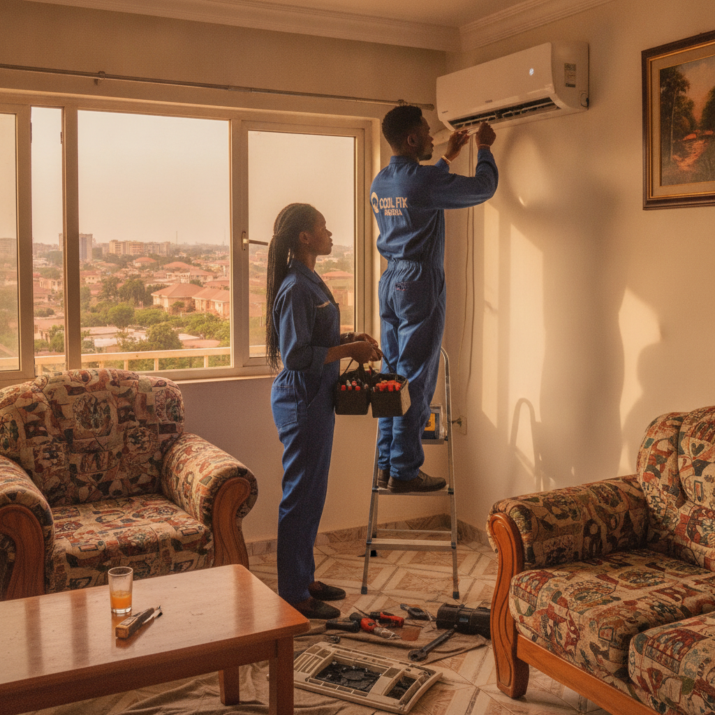 A verified technician servicing an air conditioning unit in a modern Nigerian apartment.