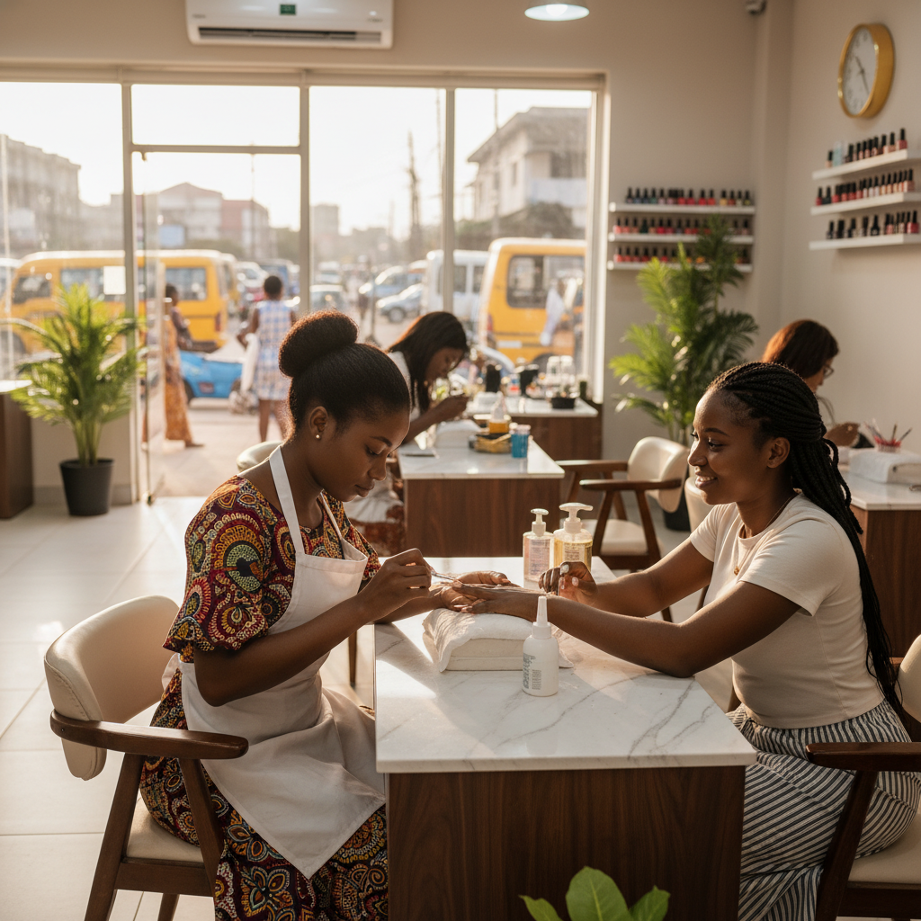 A professional nail technician carefully applying acrylics to a client's nails in a well-lit Lagos salon.