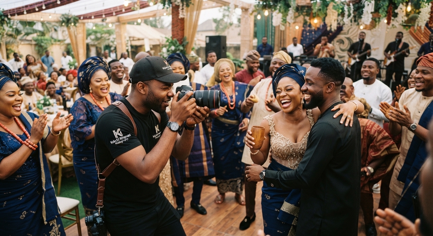 A Nigerian photographer discreetly capturing a candid moment at a traditional wedding ceremony in Onitsha