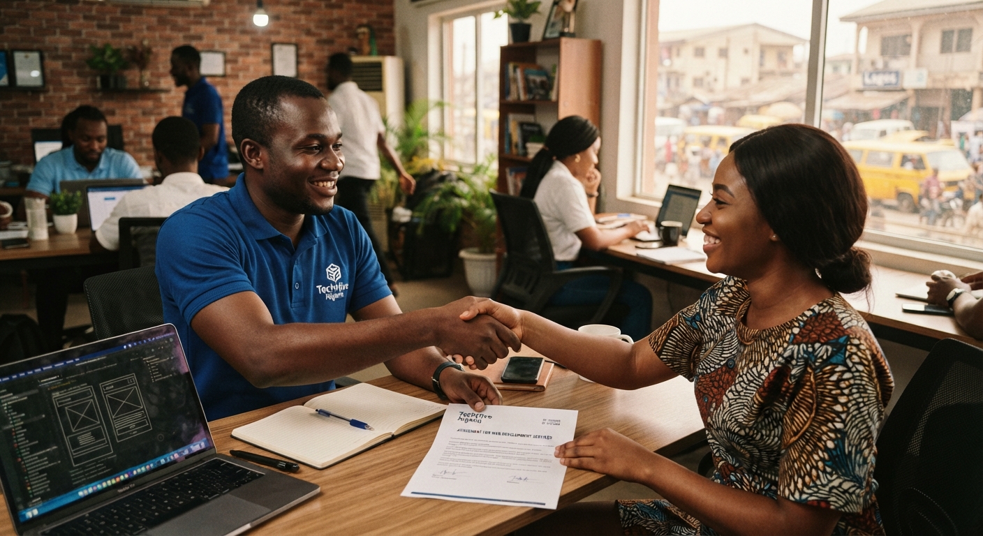 Client and web developer shaking hands over a contract